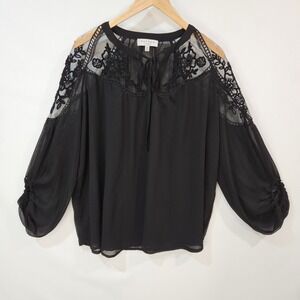 Hayden Womens Black Lace Mesh Sheer Sleeve Peasant Blouse S/M Going Out Glam